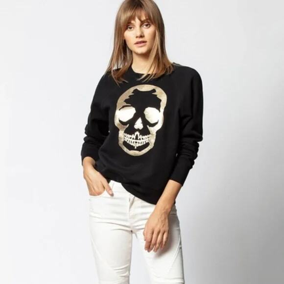 Zadig & Voltaire Upper Skull Sweatshirt Gold Black Graphic Metallic SZ S - Picture 1 of 7